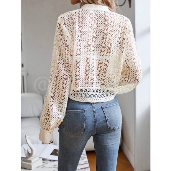 Hollow Out Knit Crochet Guipure Crop Shirt Long Sleeve Button Up Front - Picture 4 of 12